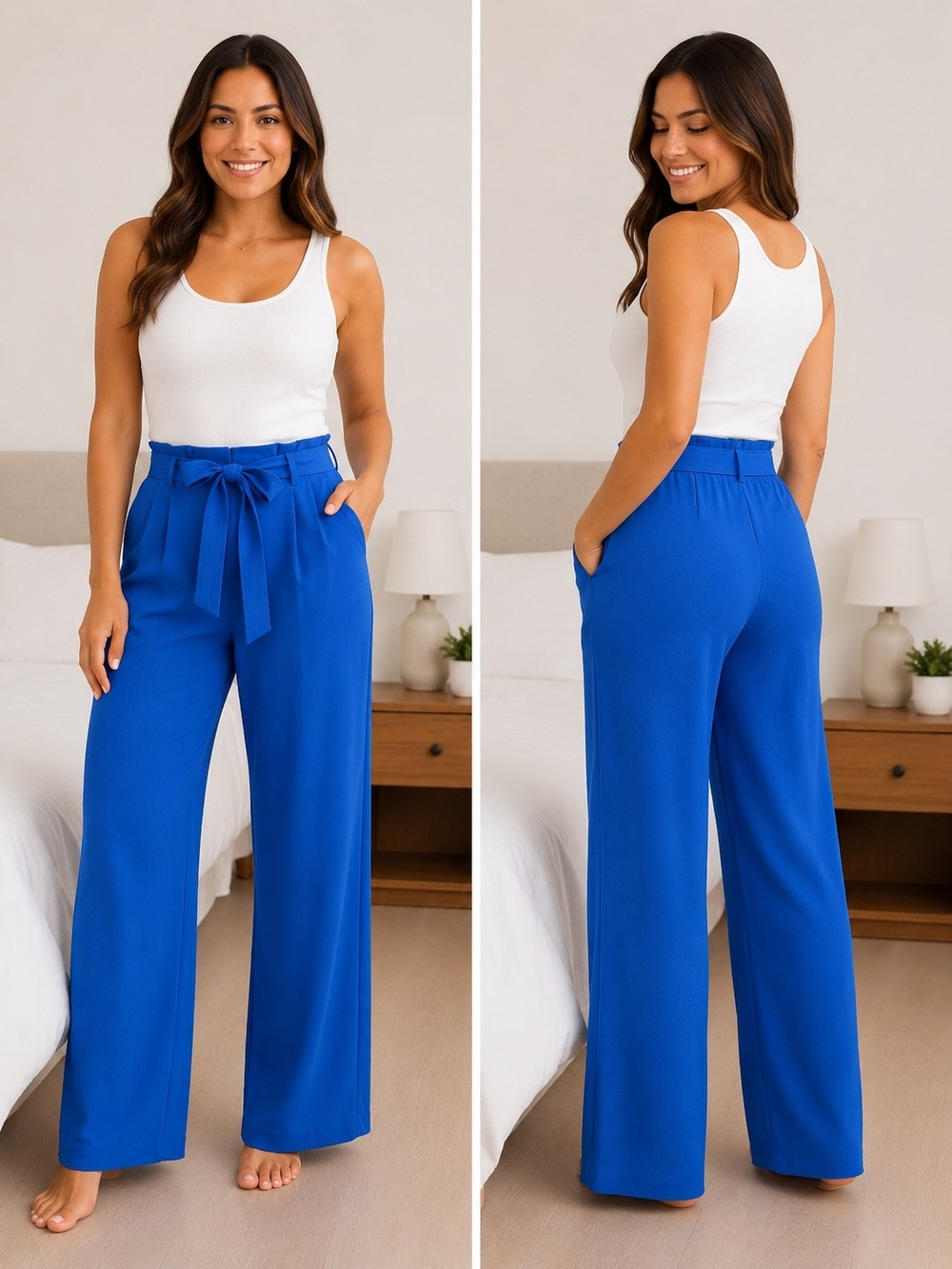 High-Waist Tie-Belt Wide Leg Pants - Blue